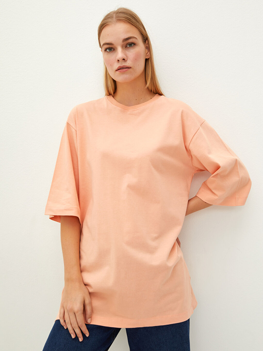 Crew Neck Straight Short Sleeve Cotton Women's Tunic-1