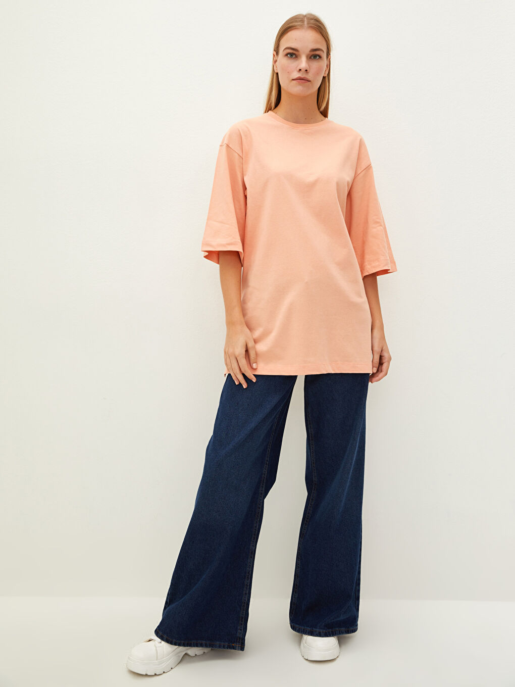 Crew Neck Straight Short Sleeve Cotton Women's Tunic-3