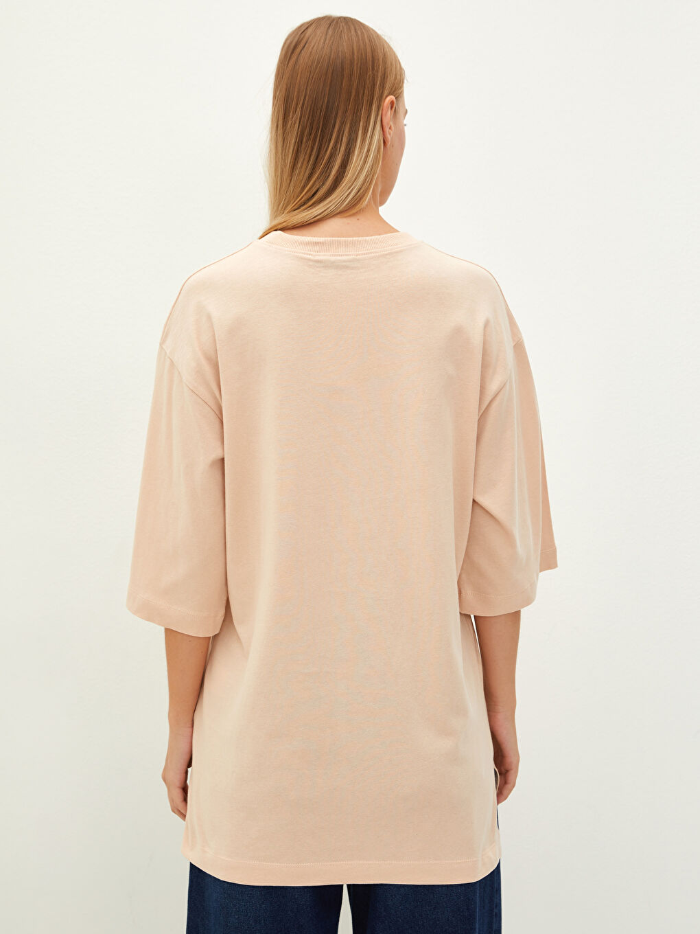 Bej Bisiklet Yaka Düz Kısa Kollu Pamuklu Kadın Tunik-3
