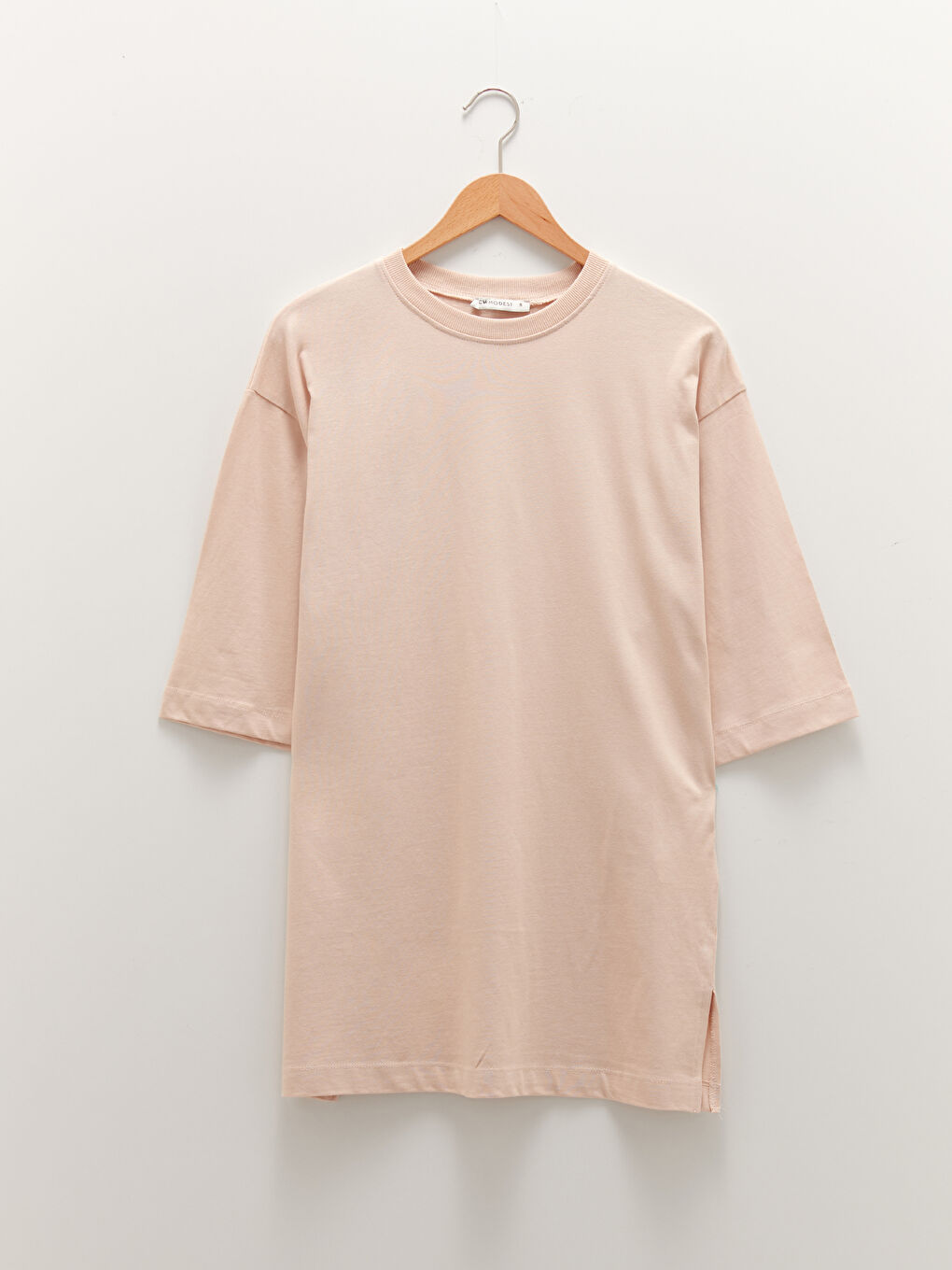 Bej Bisiklet Yaka Düz Kısa Kollu Pamuklu Kadın Tunik-4