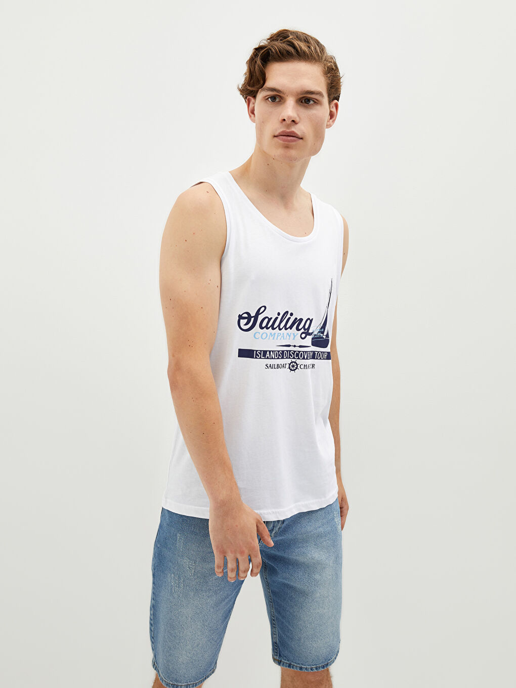 Beyaz Bisiklet Yaka Baskılı Pamuklu Erkek Kolsuz Tişört-5