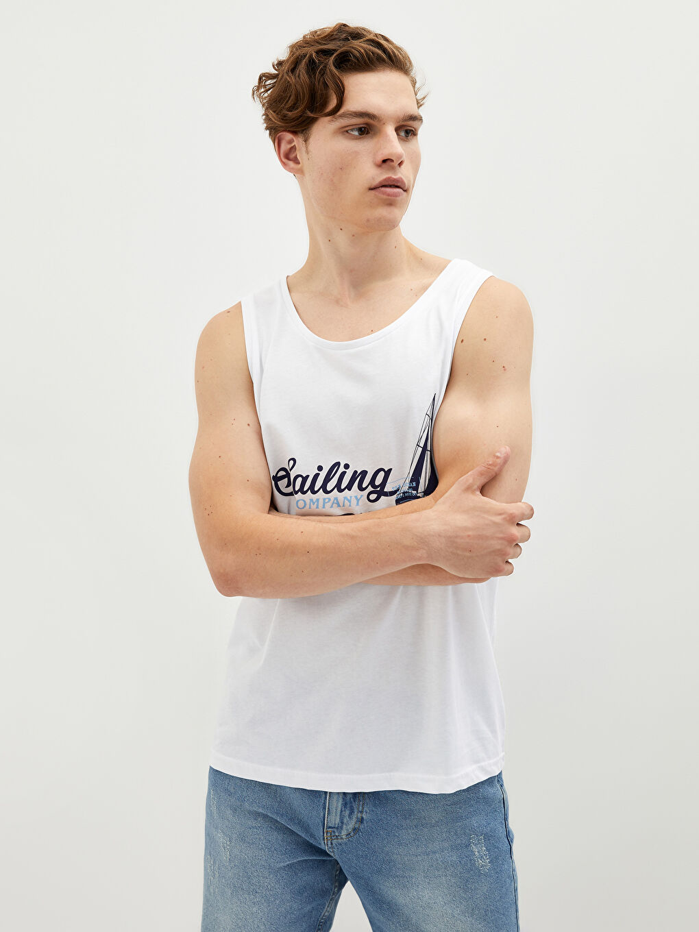 Beyaz Bisiklet Yaka Baskılı Pamuklu Erkek Kolsuz Tişört-7