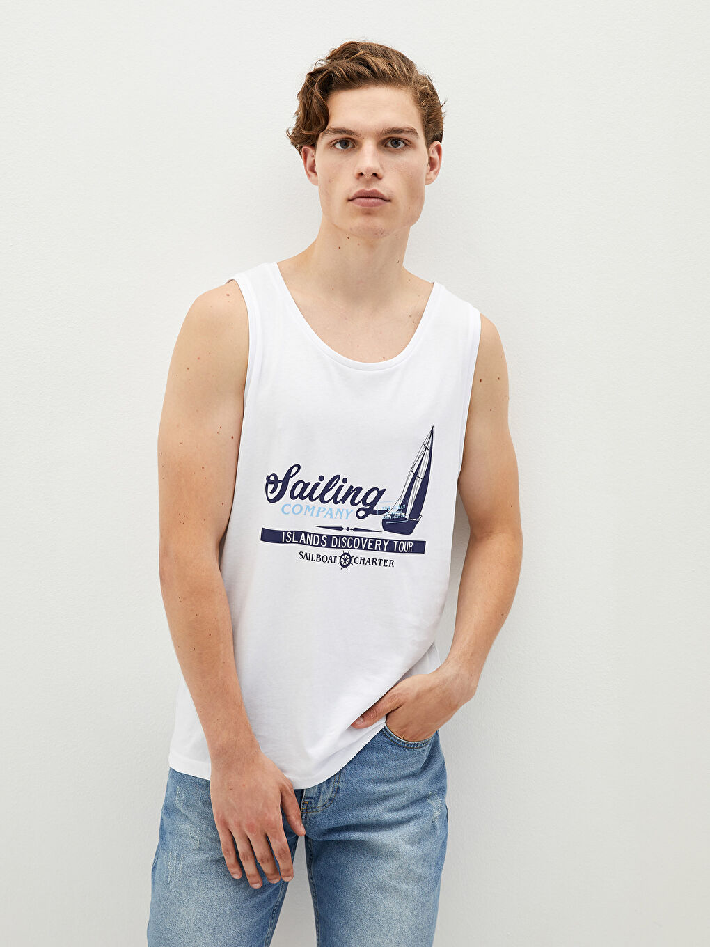 Beyaz Bisiklet Yaka Baskılı Pamuklu Erkek Kolsuz Tişört-1