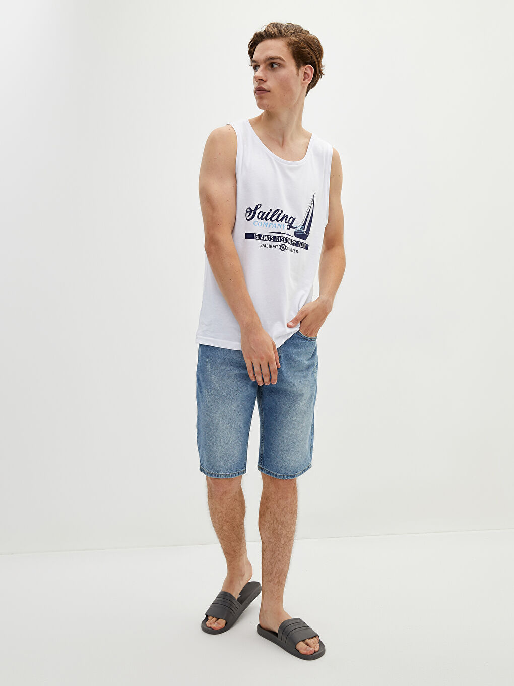 Beyaz Bisiklet Yaka Baskılı Pamuklu Erkek Kolsuz Tişört-3