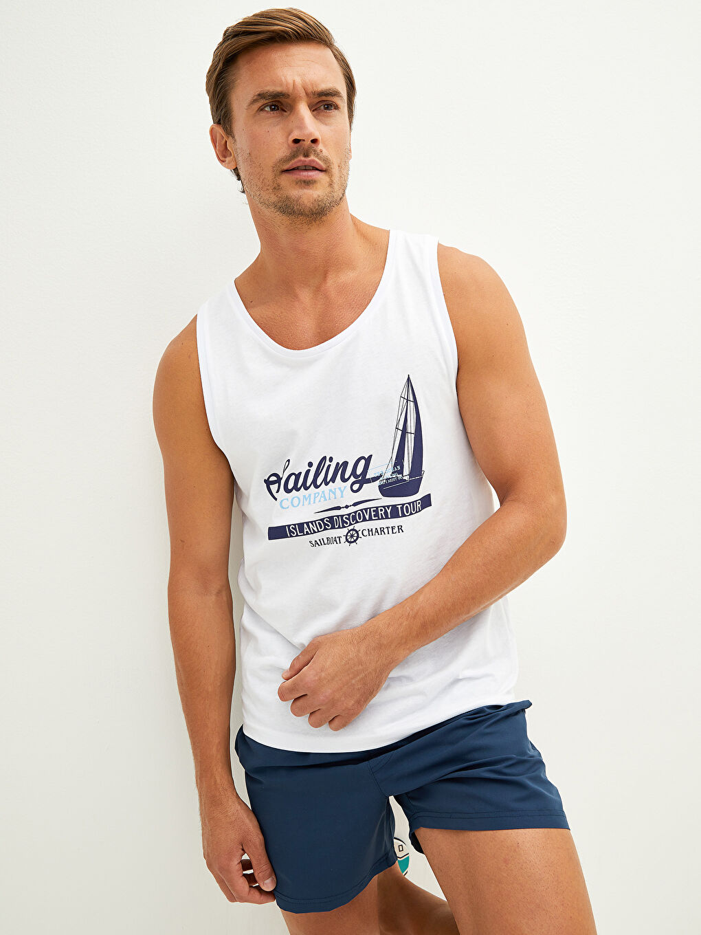 Beyaz Bisiklet Yaka Baskılı Pamuklu Erkek Kolsuz Tişört-4