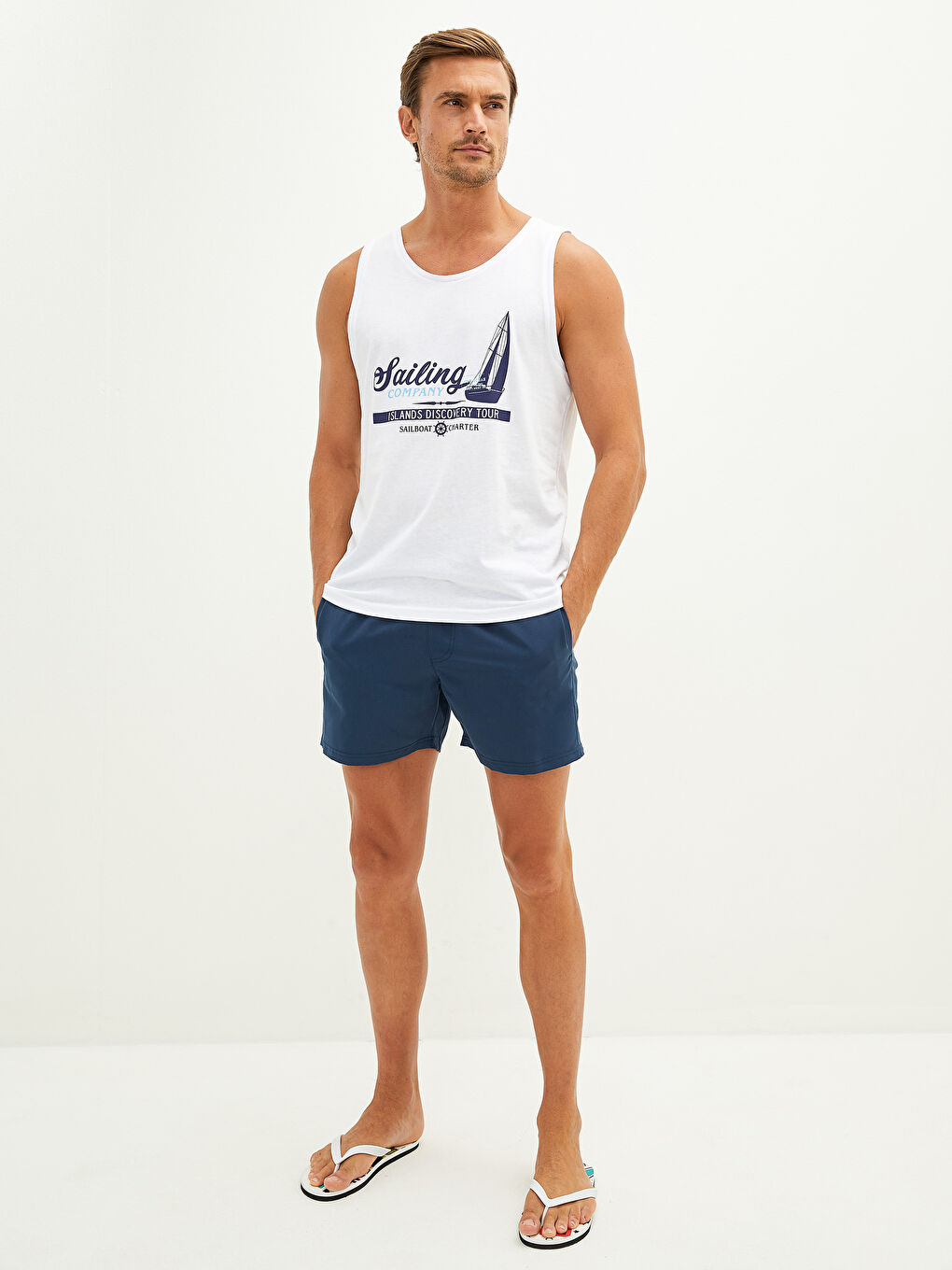 Beyaz Bisiklet Yaka Baskılı Pamuklu Erkek Kolsuz Tişört-6