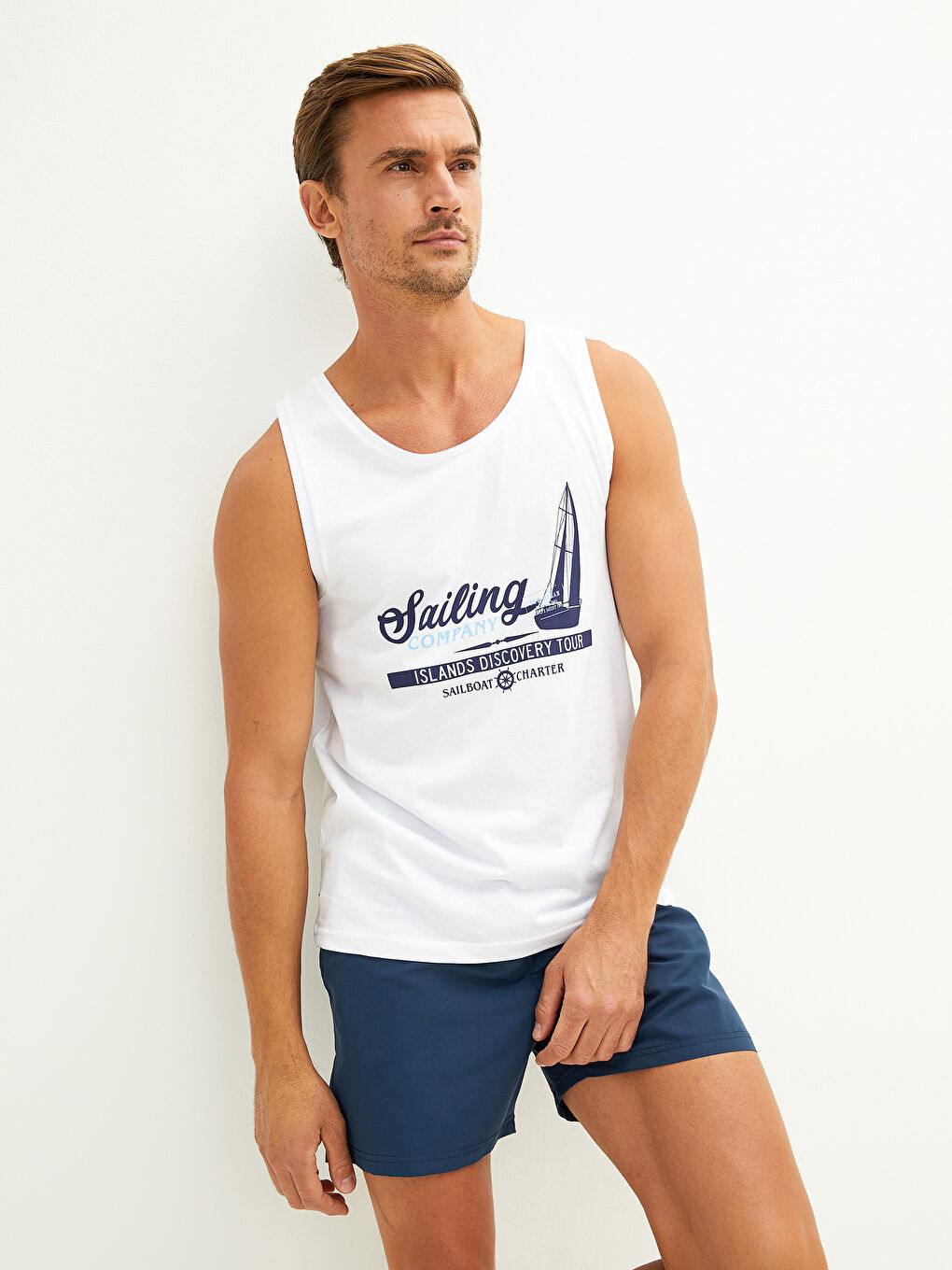 Beyaz Bisiklet Yaka Baskılı Pamuklu Erkek Kolsuz Tişört