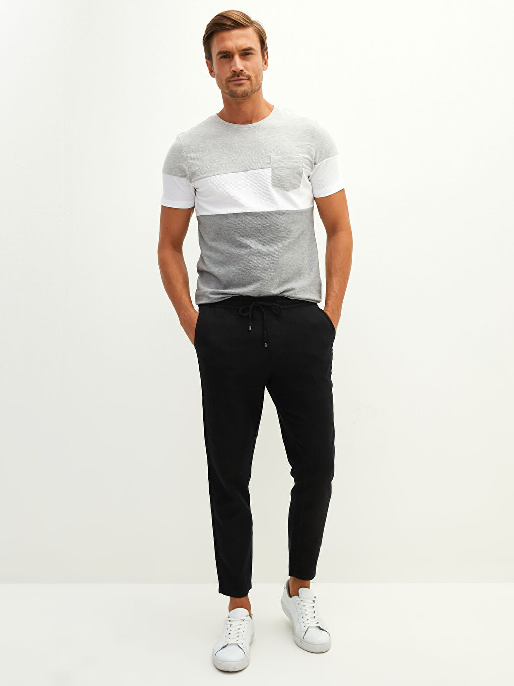 Gri Bisiklet Yaka Kısa Kollu Renk Bloklu Erkek Tişört-2