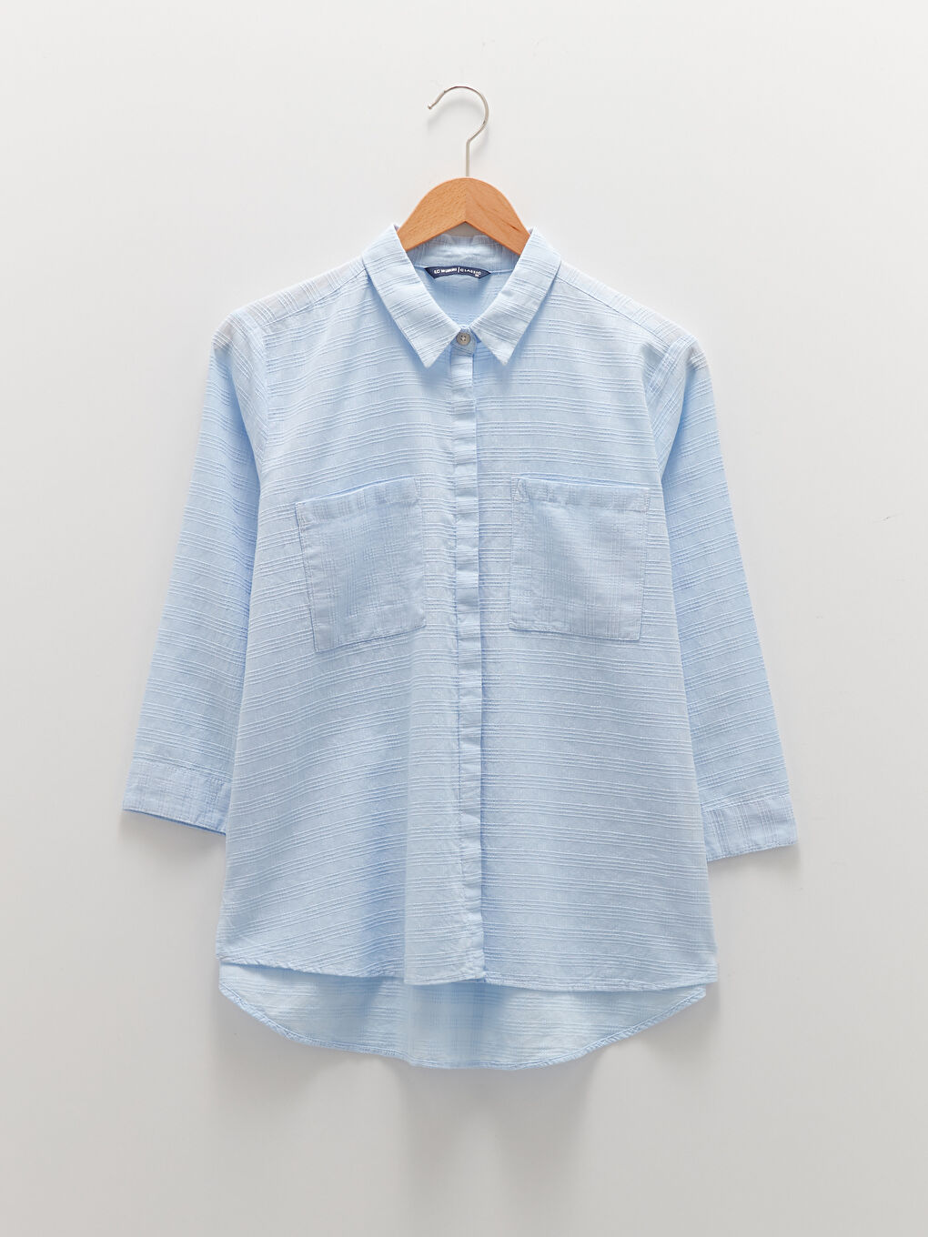 Mavi Gizli Düğme Kapamalı Çizgili Cep Detaylı Uzun Kollu Poplin Kadın Gömlek-5