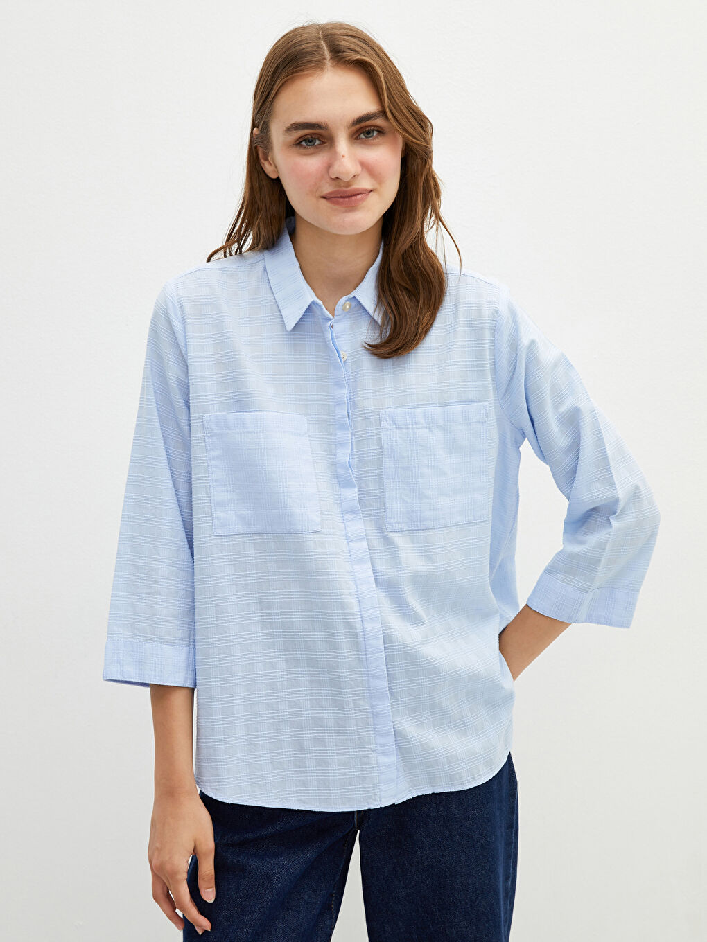 Mavi Gizli Düğme Kapamalı Çizgili Cep Detaylı Uzun Kollu Poplin Kadın Gömlek-2