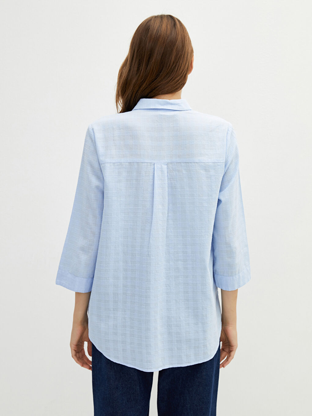 Mavi Gizli Düğme Kapamalı Çizgili Cep Detaylı Uzun Kollu Poplin Kadın Gömlek-4