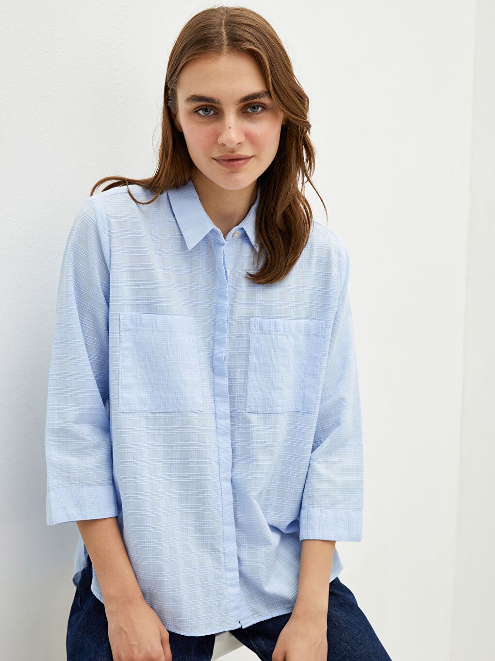 Mavi Gizli Düğme Kapamalı Çizgili Cep Detaylı Uzun Kollu Poplin Kadın Gömlek