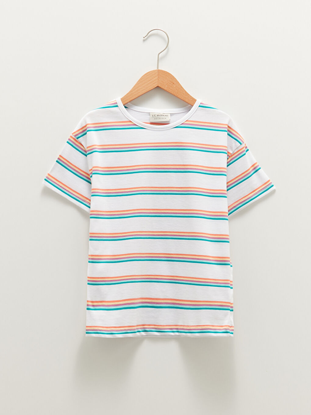 Beyaz Bisiklet Yaka Çizgili Kısa Kollu Pamuklu Kız Çocuk Tişört