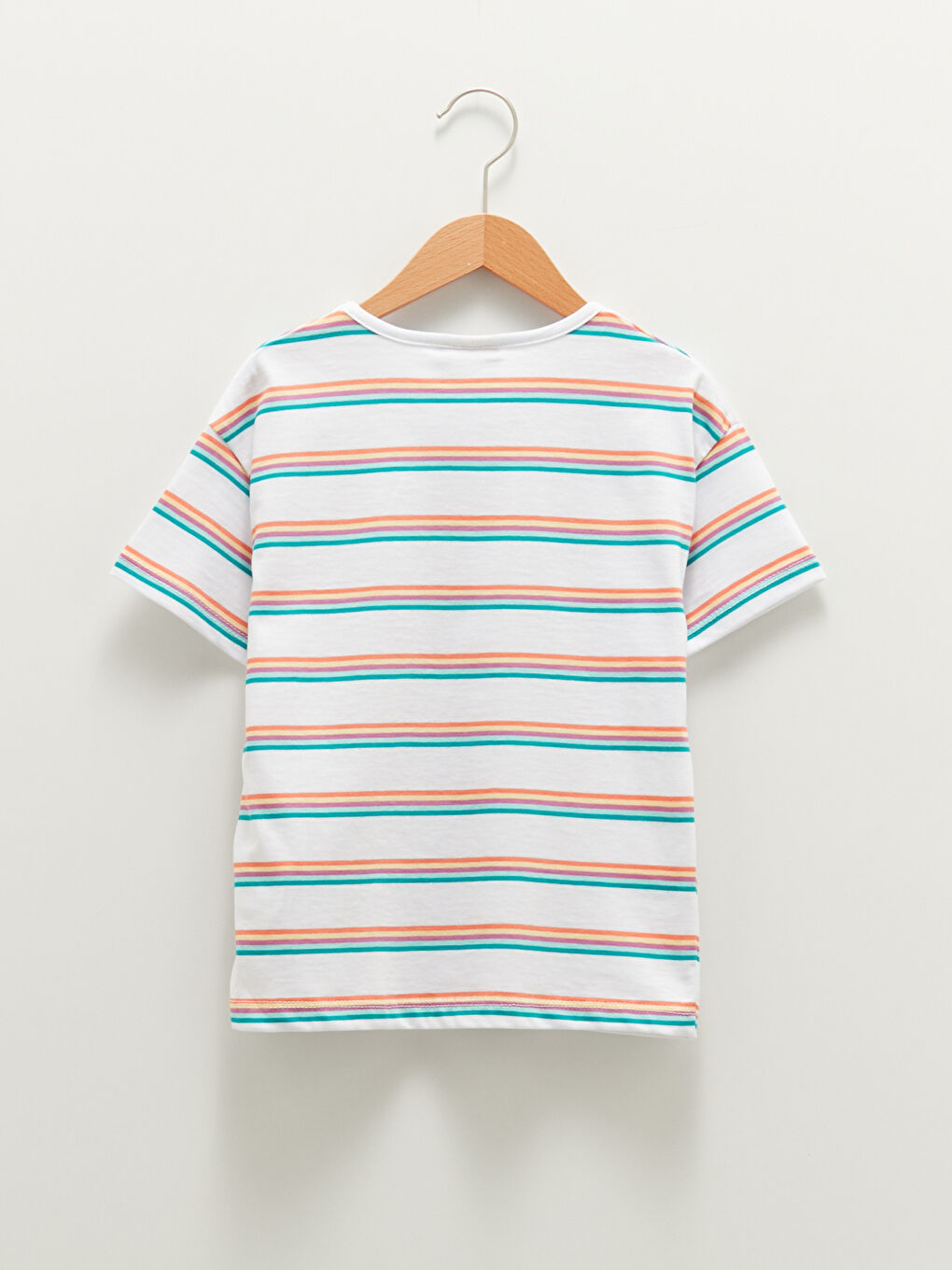 Beyaz Bisiklet Yaka Çizgili Kısa Kollu Pamuklu Kız Çocuk Tişört-1