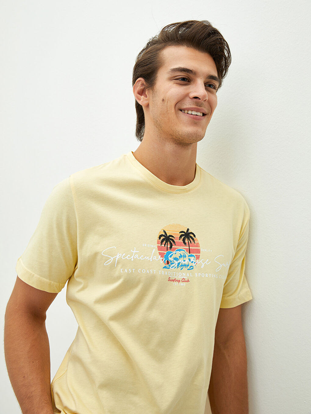 Sarı Bisiklet Yaka Kısa Kollu Baskılı Penye Erkek Tişört