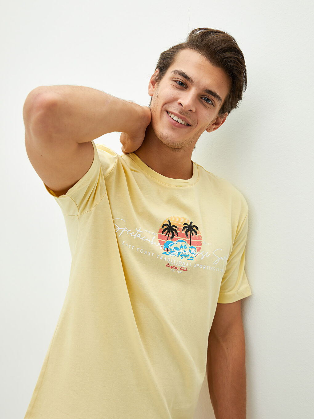 Sarı Bisiklet Yaka Kısa Kollu Baskılı Penye Erkek Tişört-1