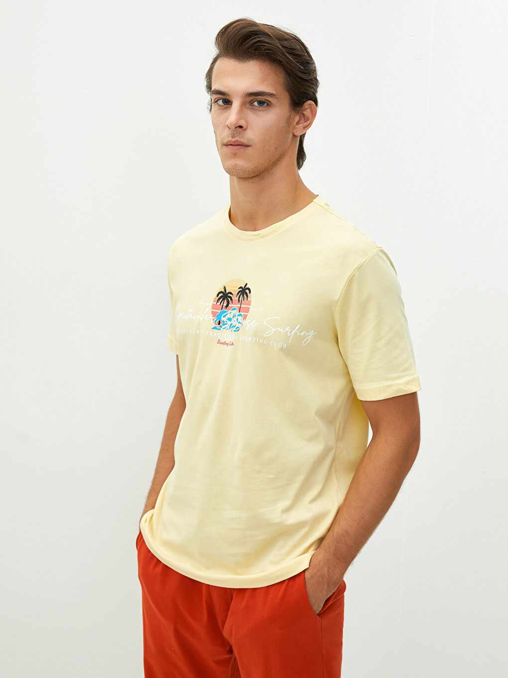 Sarı Bisiklet Yaka Kısa Kollu Baskılı Penye Erkek Tişört-2