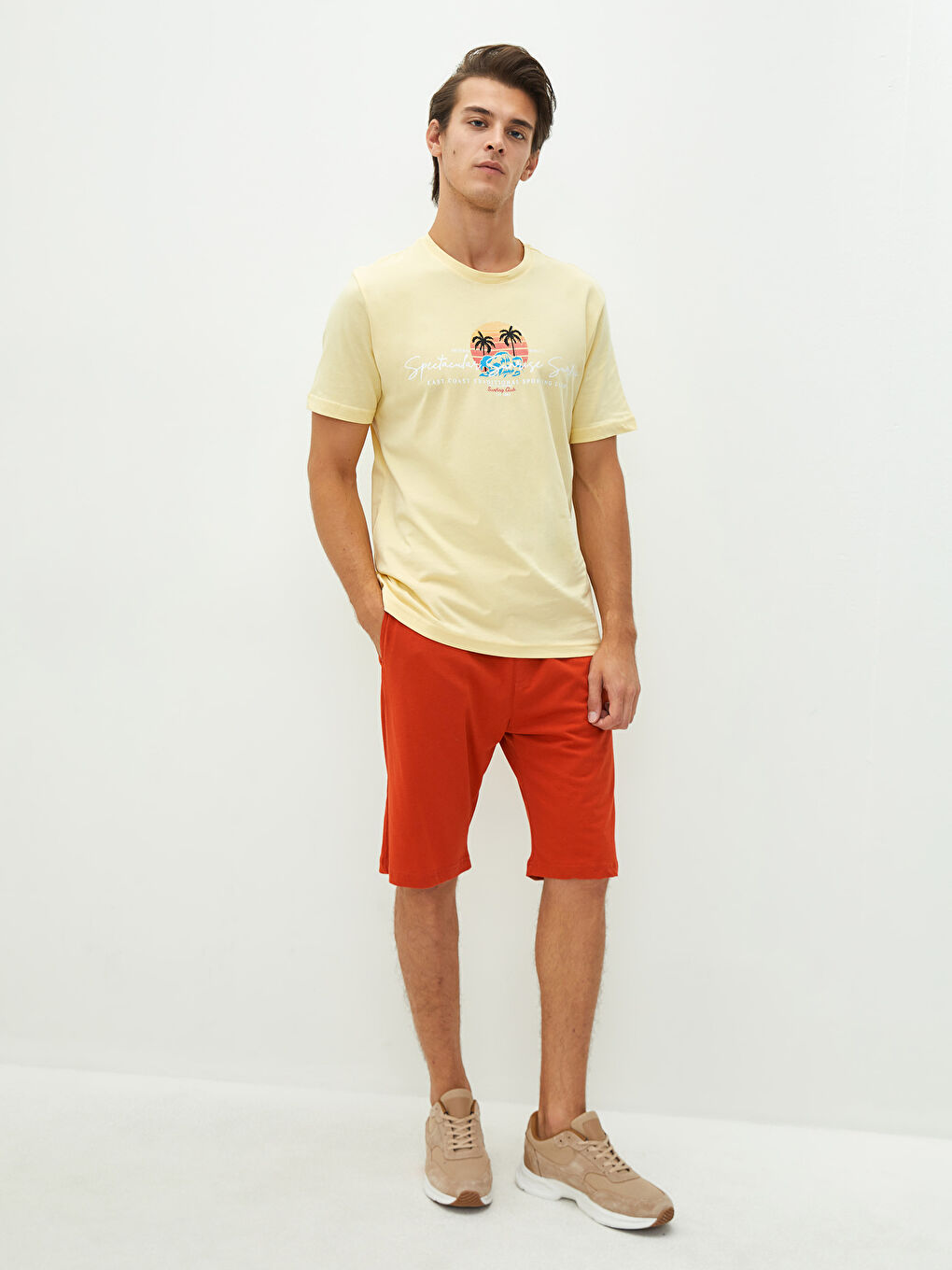 Sarı Bisiklet Yaka Kısa Kollu Baskılı Penye Erkek Tişört-3