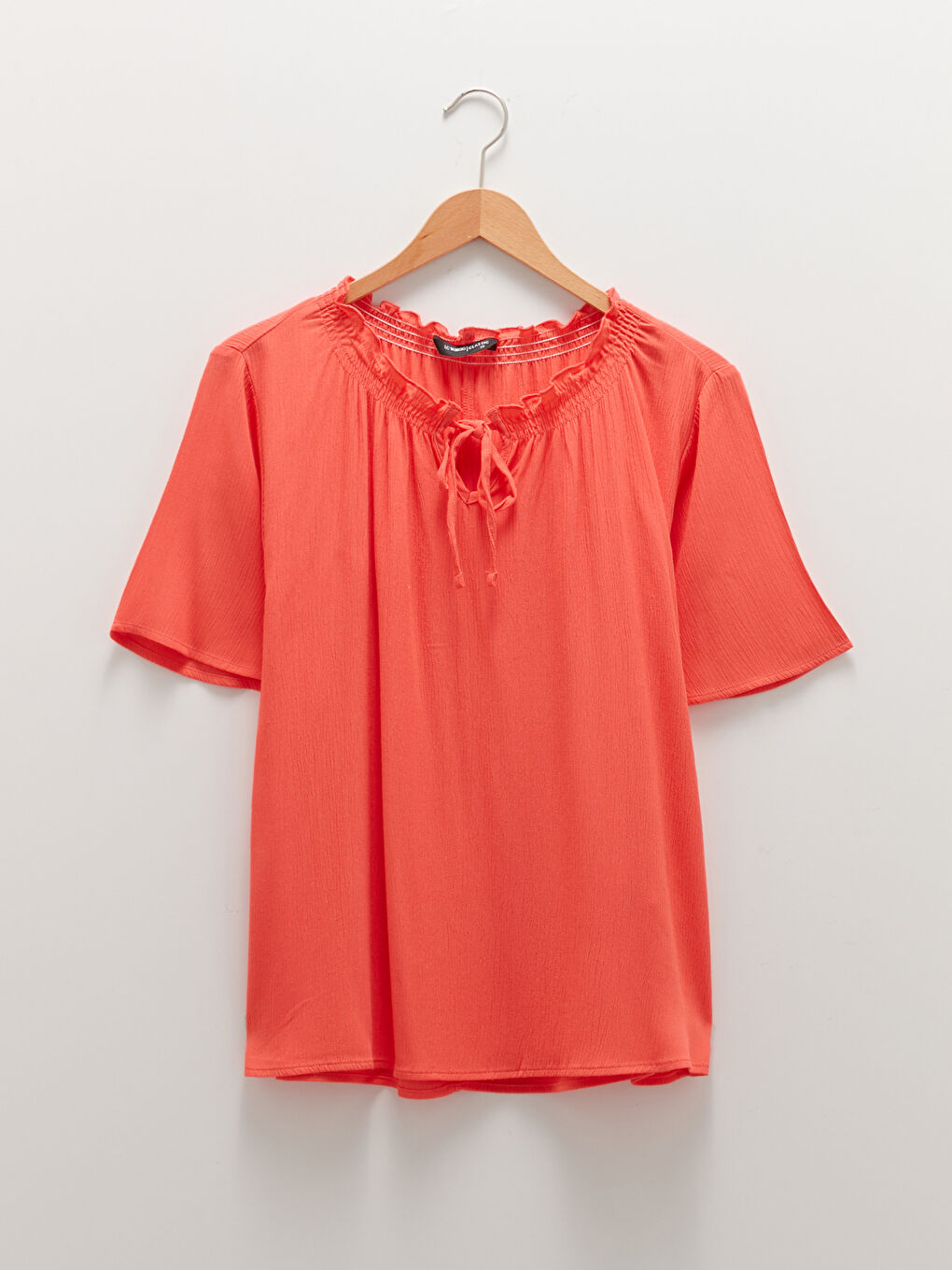 Tie Collar Straight Short Sleeve Viscose Women's Blouse-5