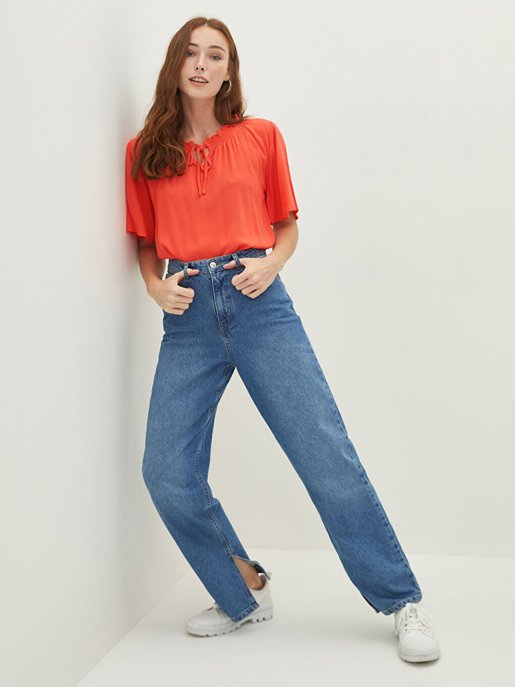 Tie Collar Straight Short Sleeve Viscose Women's Blouse-2