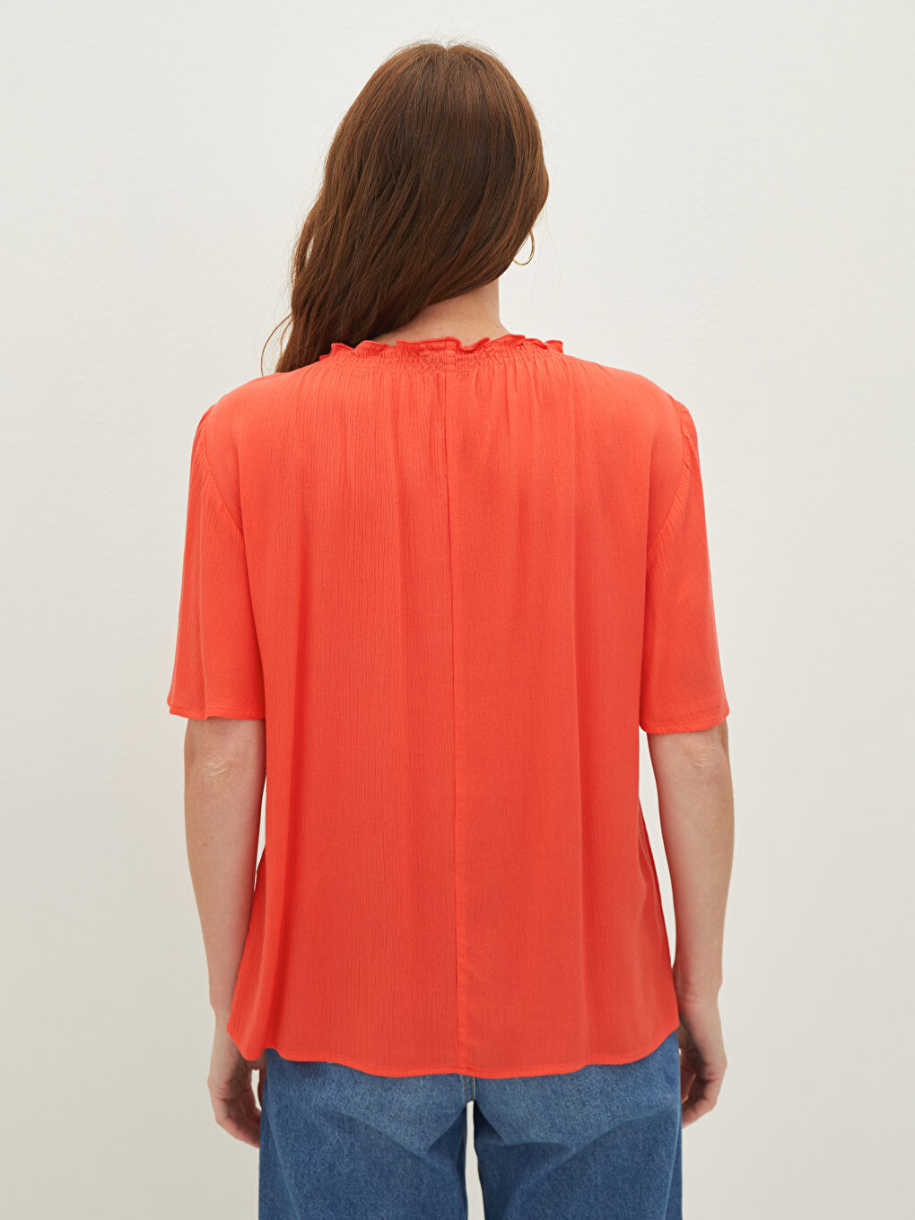 Tie Collar Straight Short Sleeve Viscose Women's Blouse-4