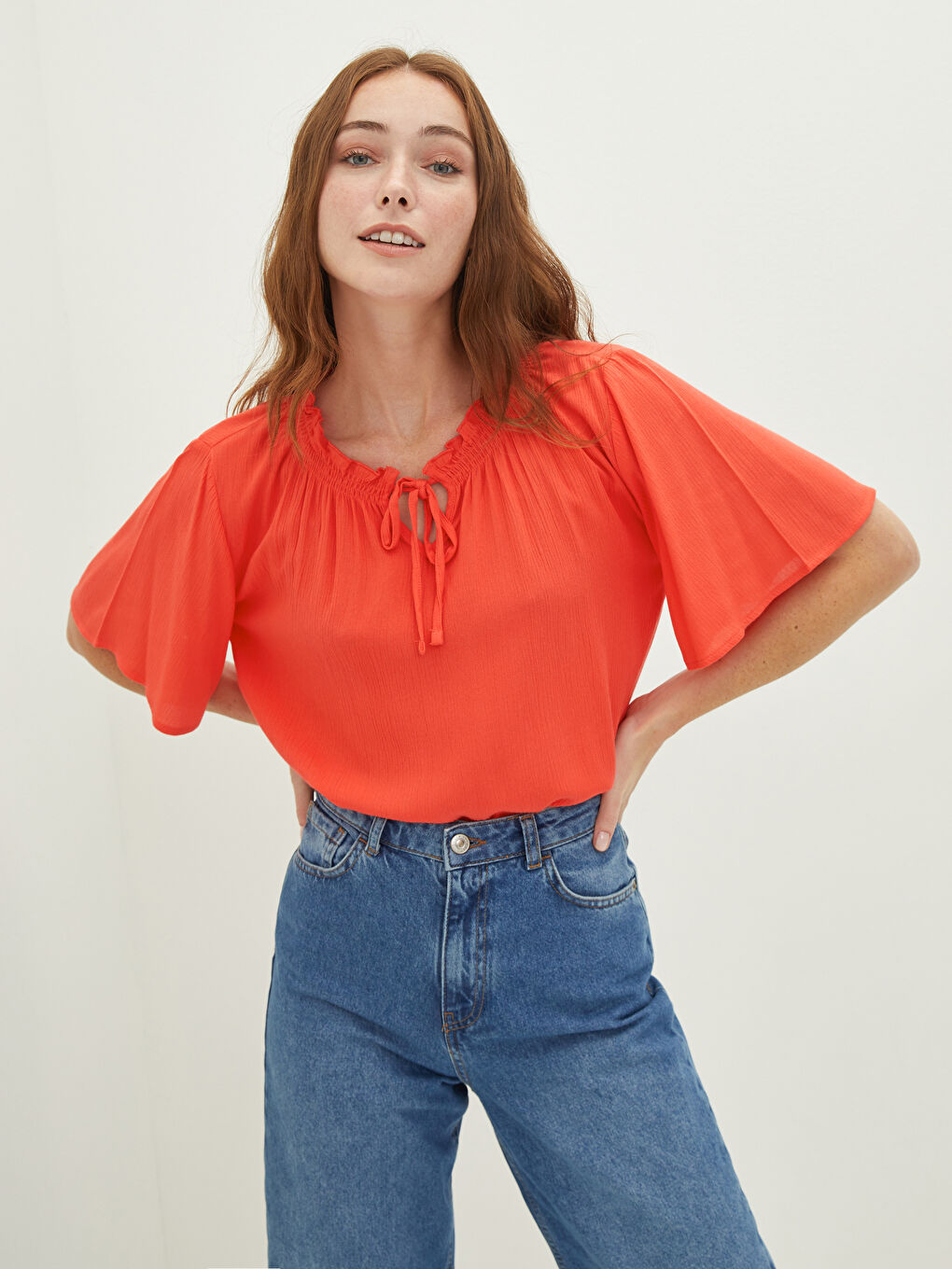 Tie Collar Straight Short Sleeve Viscose Women's Blouse