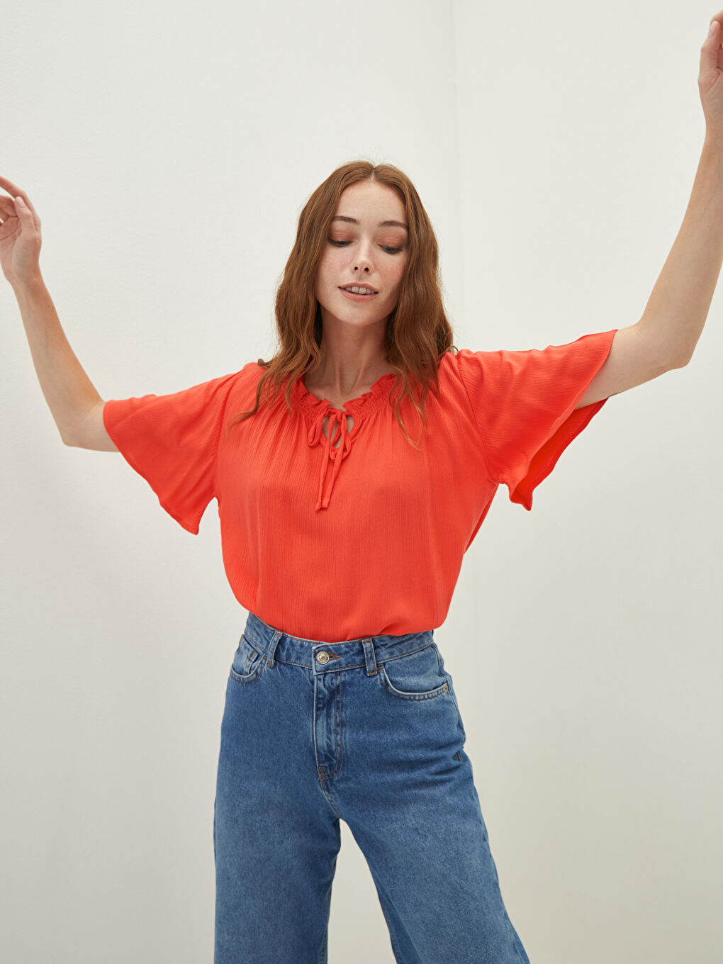 Tie Collar Straight Short Sleeve Viscose Women's Blouse-1