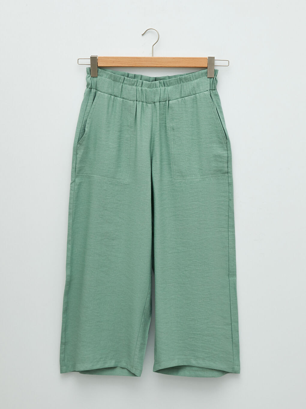 Yeşil Kadın Beli Lastikli Rahat Kalıp Düz Kapri-5