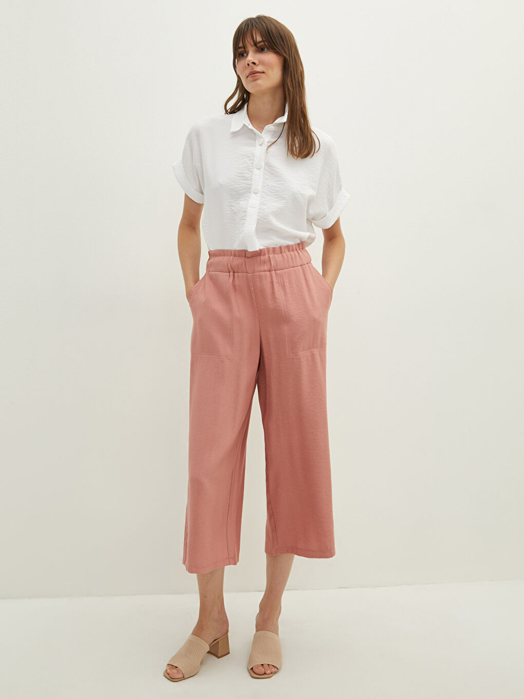 Pembe Kadın Beli Lastikli Rahat Kalıp Düz Kapri-1