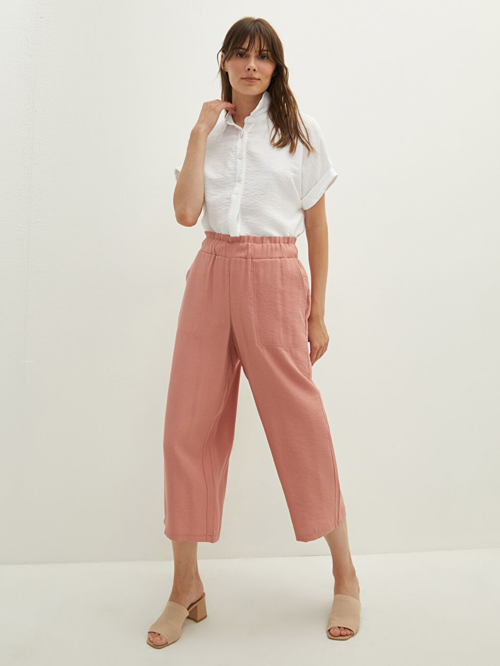 Pembe Kadın Beli Lastikli Rahat Kalıp Düz Kapri-2