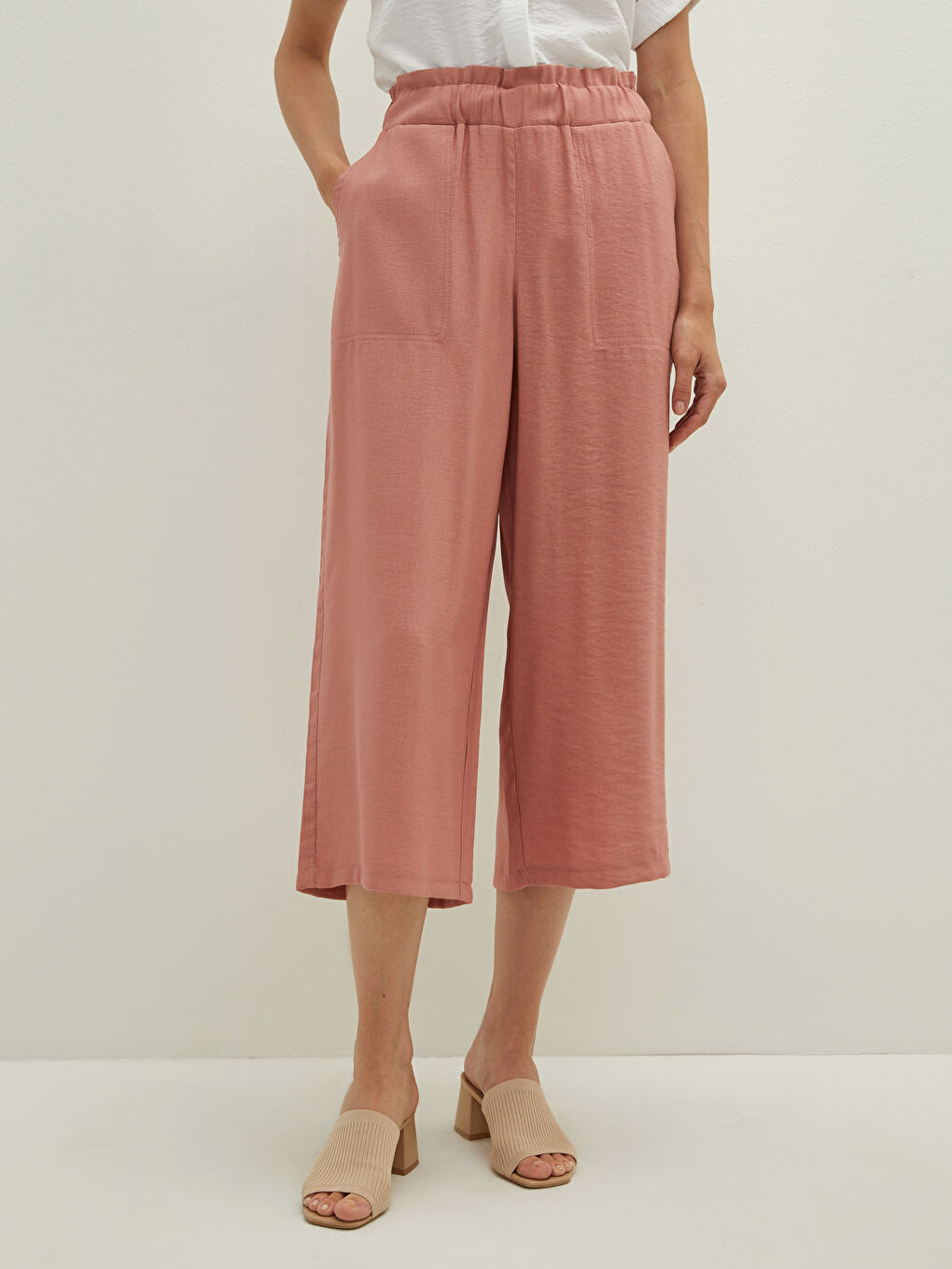 Pembe Kadın Beli Lastikli Rahat Kalıp Düz Kapri-3