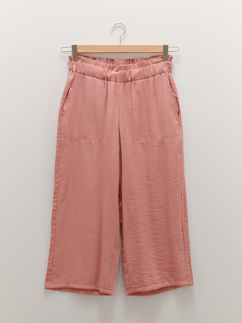 Pembe Kadın Beli Lastikli Rahat Kalıp Düz Kapri-5