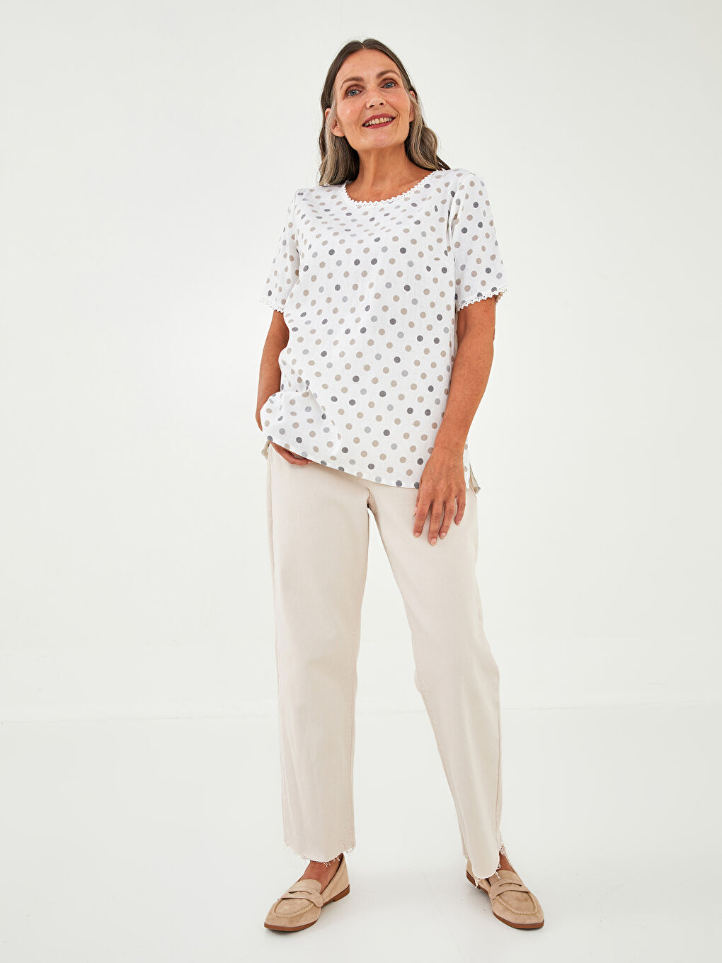 بلوزة ياقة دائرية نقشة البولكا دوت كم قصير للسيدات-3