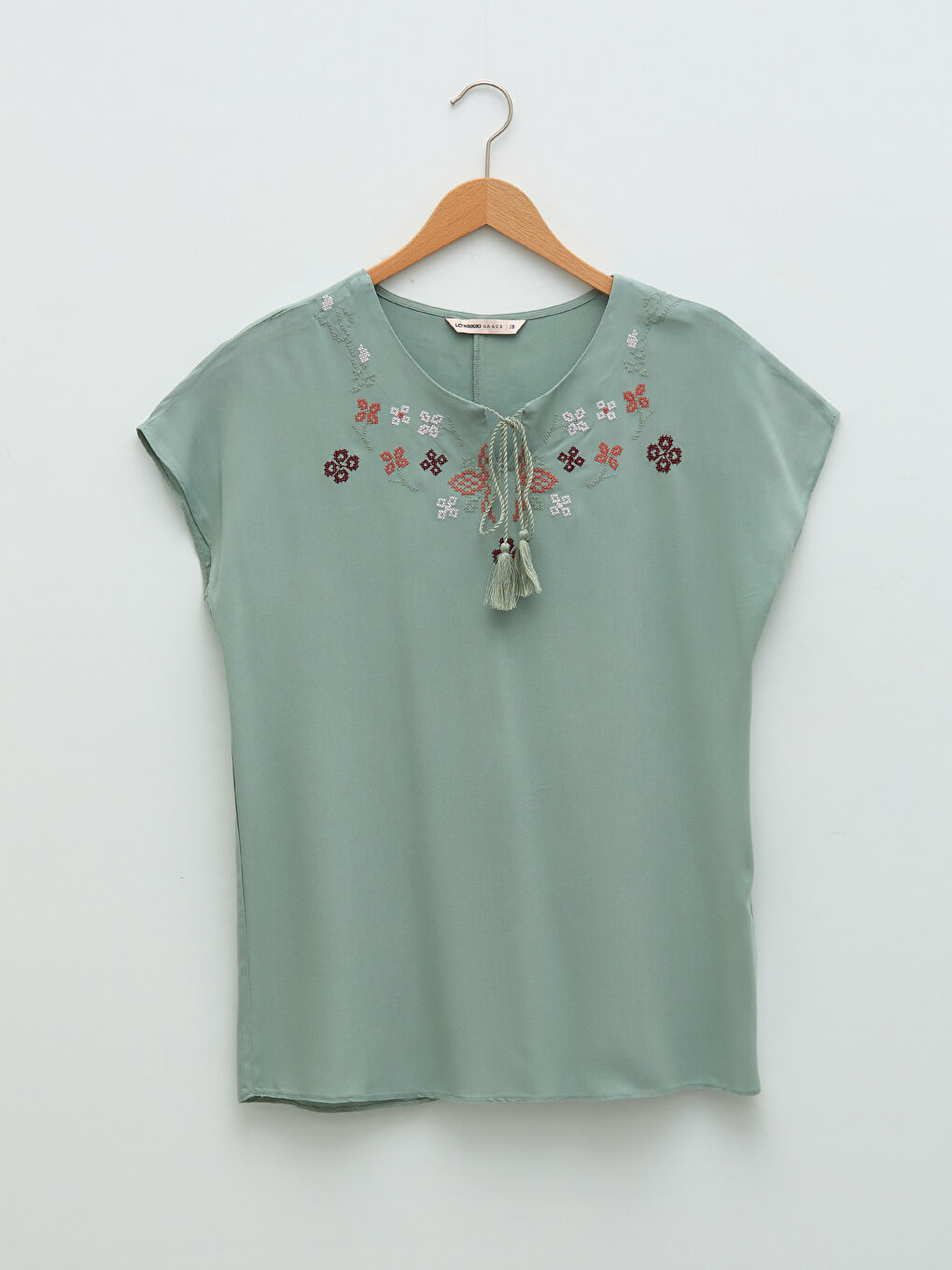 Tie Collar Patterned Short Sleeve Viscose Women's Blouse-5