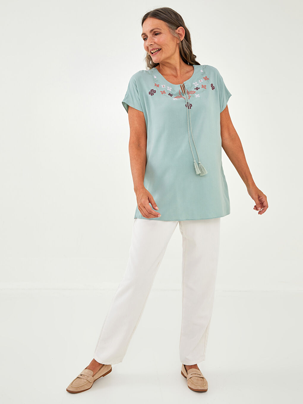 Tie Collar Patterned Short Sleeve Viscose Women's Blouse-1