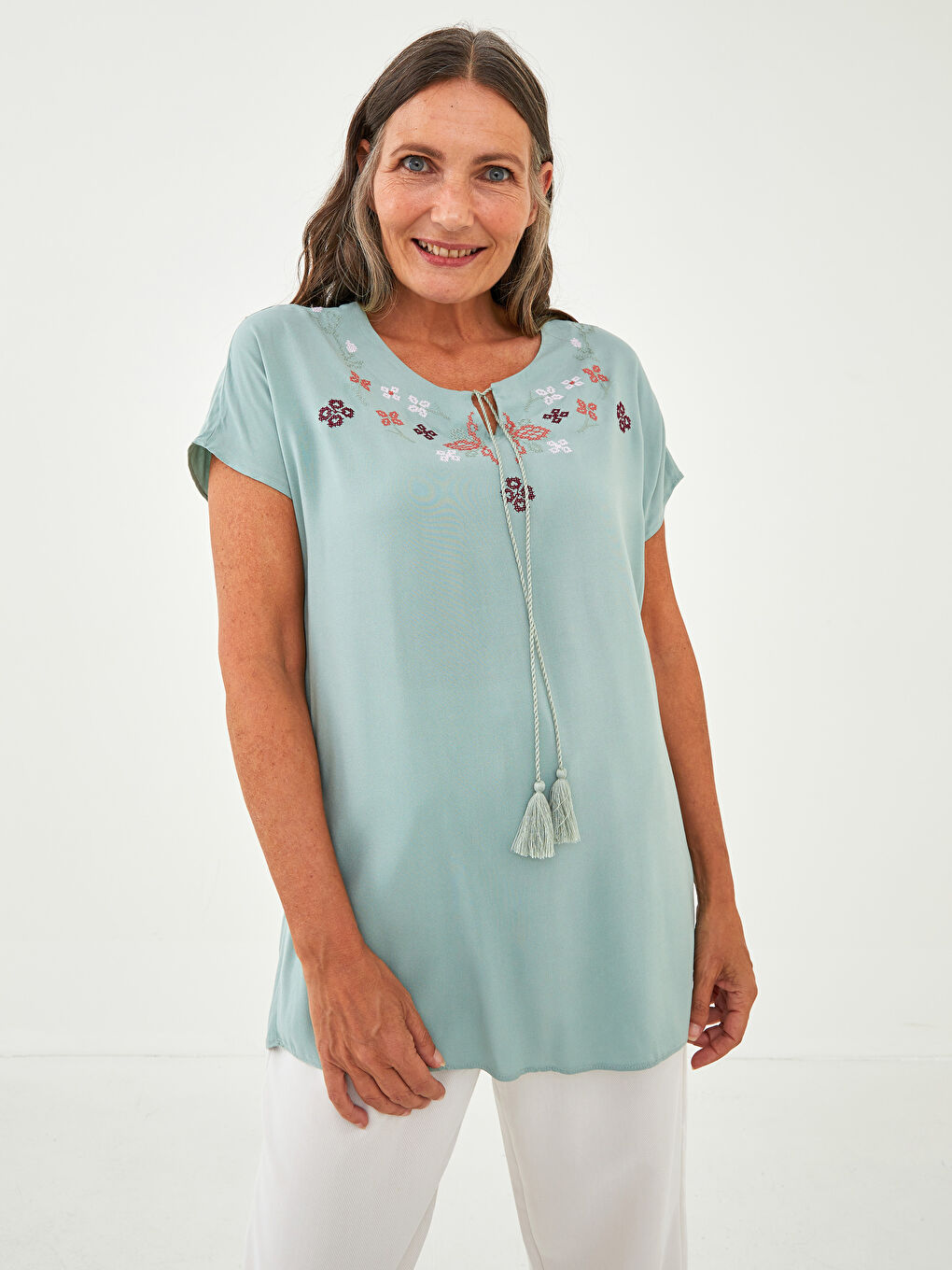 Tie Collar Patterned Short Sleeve Viscose Women's Blouse-3