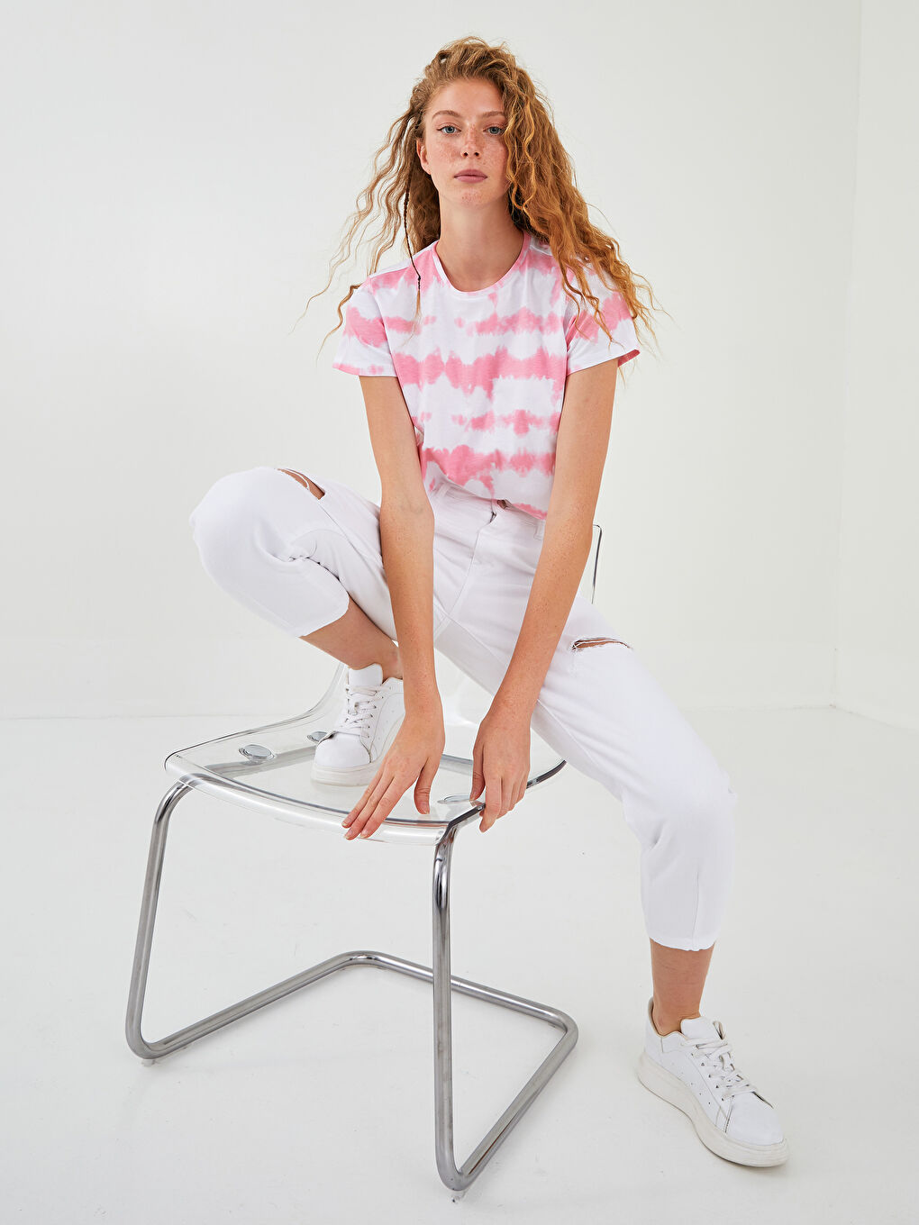 Pembe Bisiklet Yaka Batik Kısa Kollu Kadın Crop-3