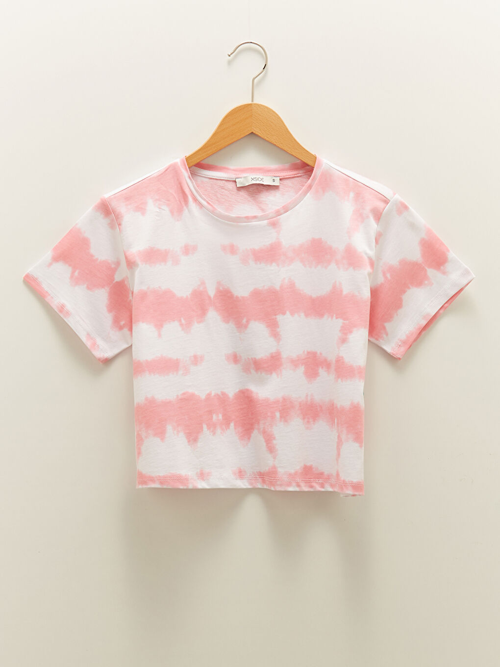 Pembe Bisiklet Yaka Batik Kısa Kollu Kadın Crop-6