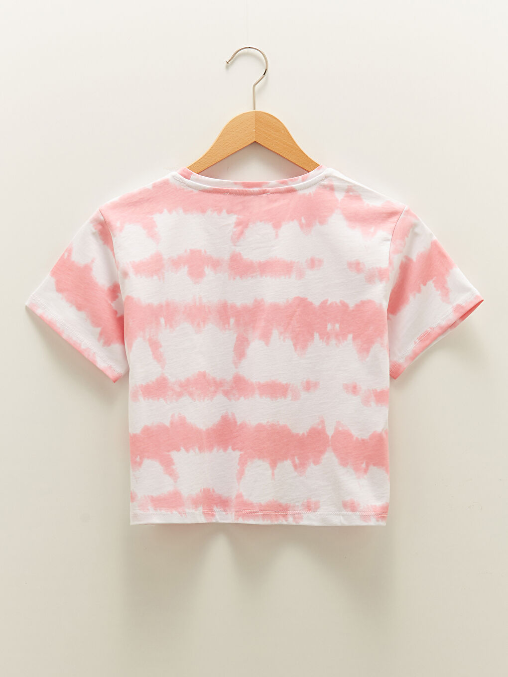 Pembe Bisiklet Yaka Batik Kısa Kollu Kadın Crop-7