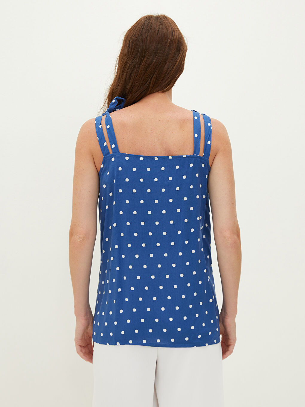 Lacivert Kare Yaka Askılı Puantiyeli Krinkle Kumaş Hamile Bluz-3