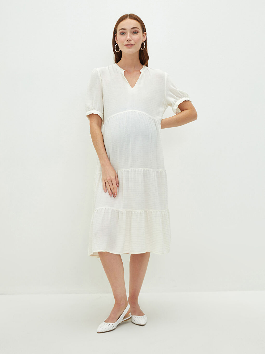 Ekru V Yaka Kısa Kollu Çizgili Hamile Elbise-3