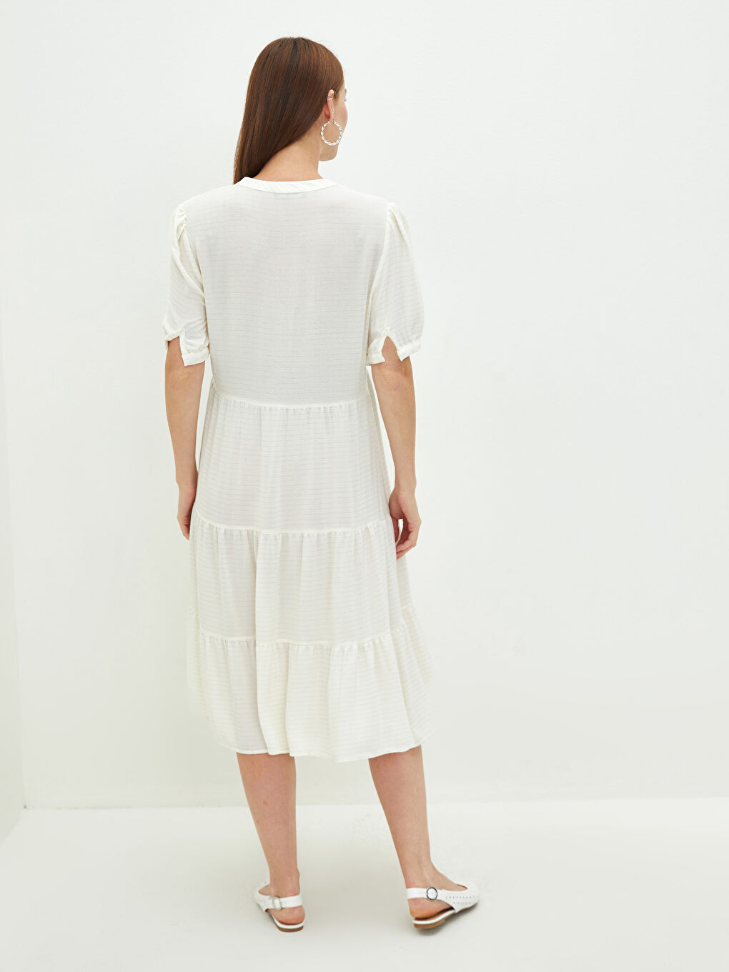 Ekru V Yaka Kısa Kollu Çizgili Hamile Elbise-7