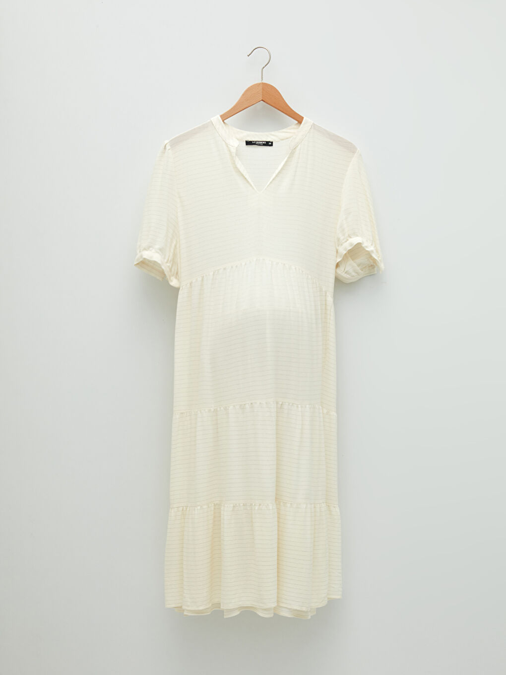 Ekru V Yaka Kısa Kollu Çizgili Hamile Elbise-9