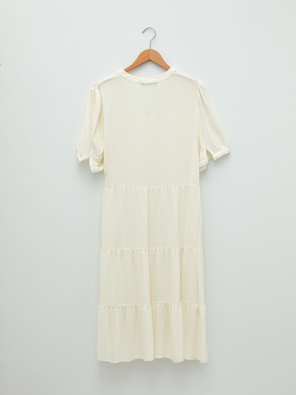 Ekru V Yaka Kısa Kollu Çizgili Hamile Elbise-10