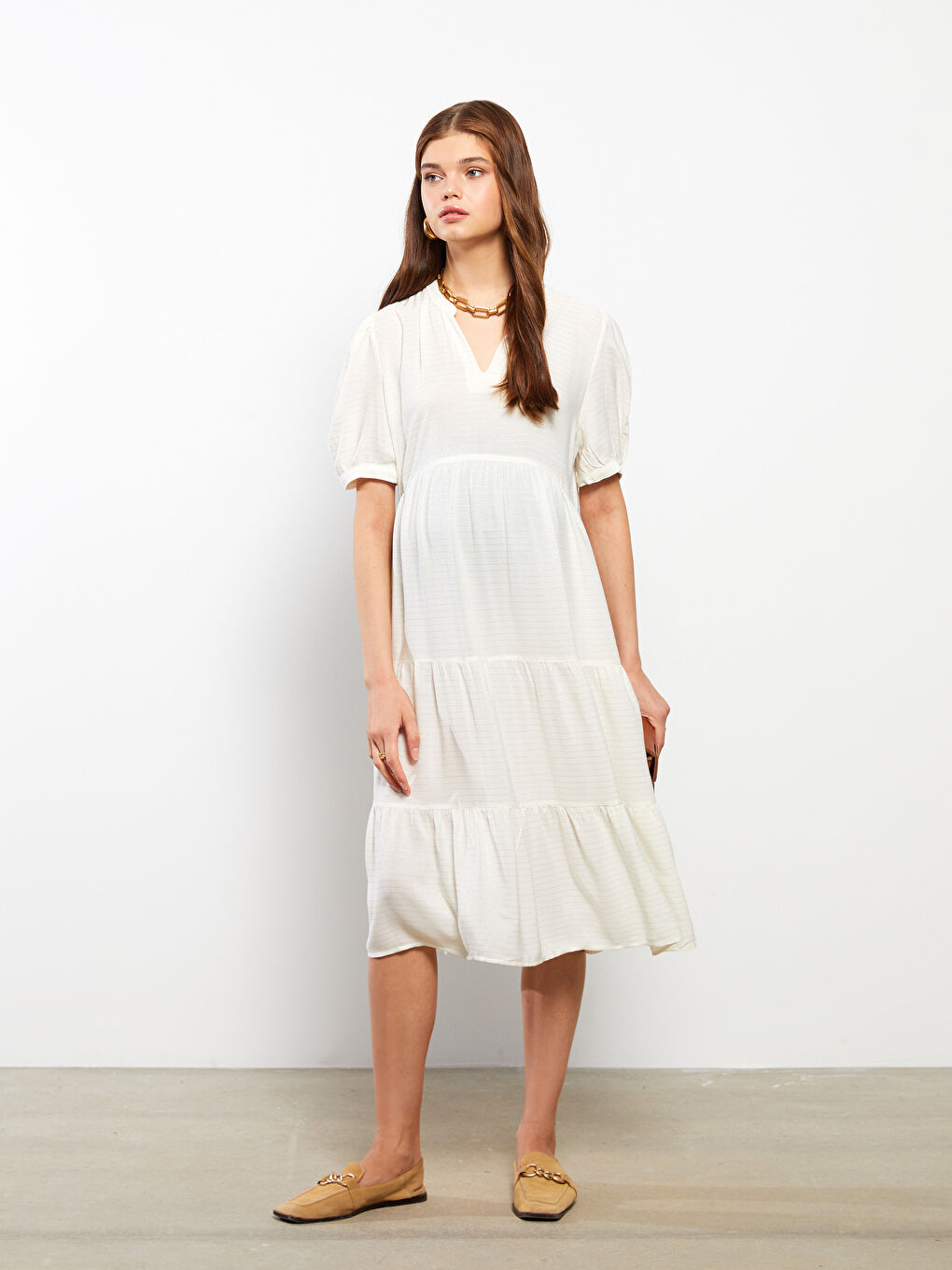 Ekru V Yaka Kısa Kollu Çizgili Hamile Elbise-2