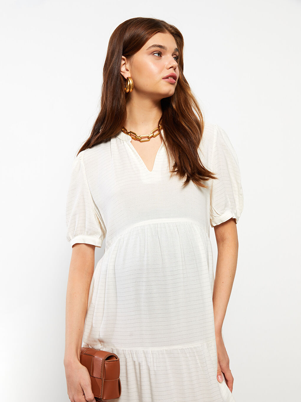 Ekru V Yaka Kısa Kollu Çizgili Hamile Elbise-4