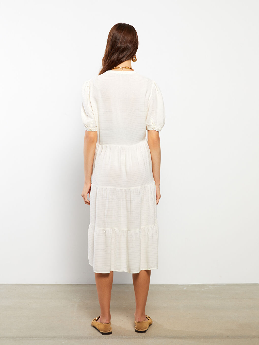 Ekru V Yaka Kısa Kollu Çizgili Hamile Elbise-8