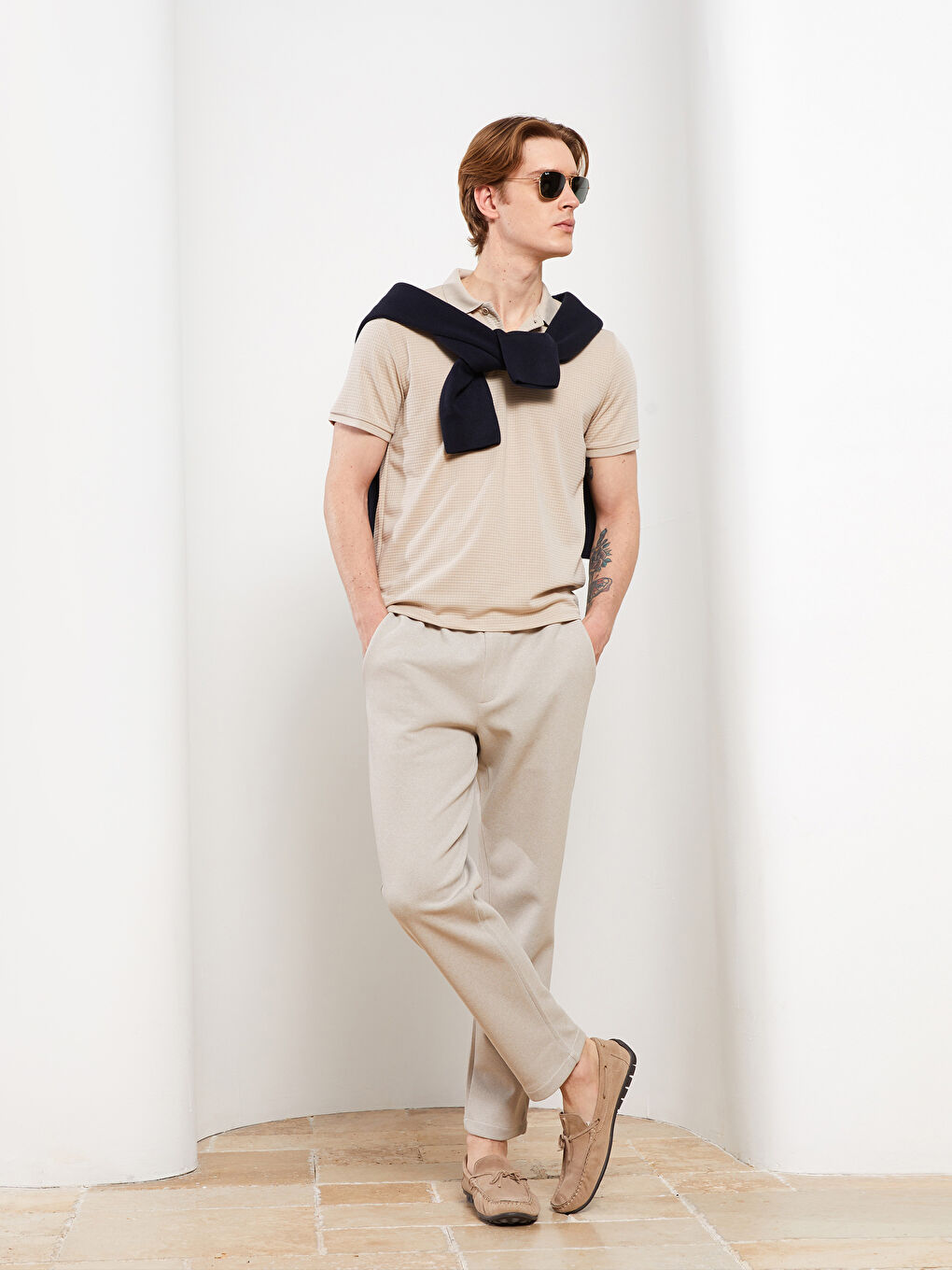 Bej Polo Yaka Kısa Kollu Erkek Tişört