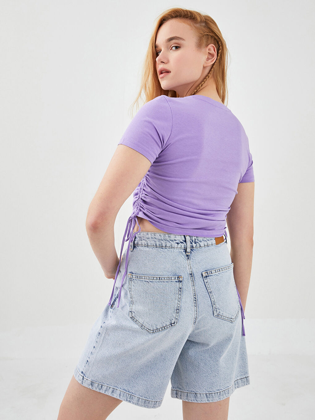 Lila Bisiklet Yaka Nakışlı Kısa Kollu Pamuklu Kadın Tişört-4