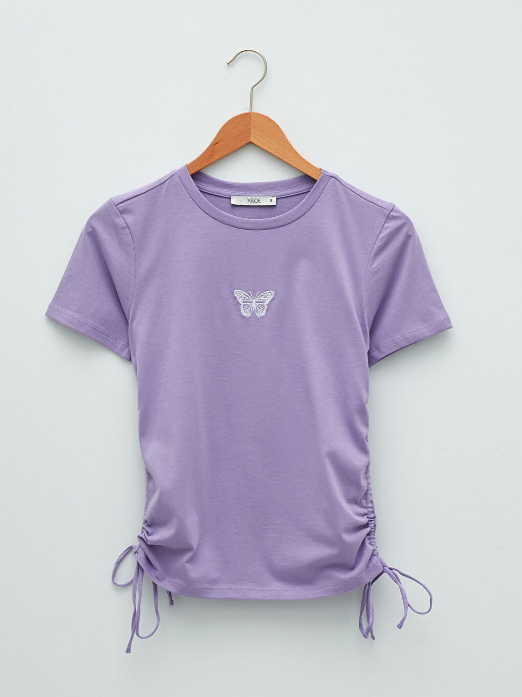 Lila Bisiklet Yaka Nakışlı Kısa Kollu Pamuklu Kadın Tişört-5